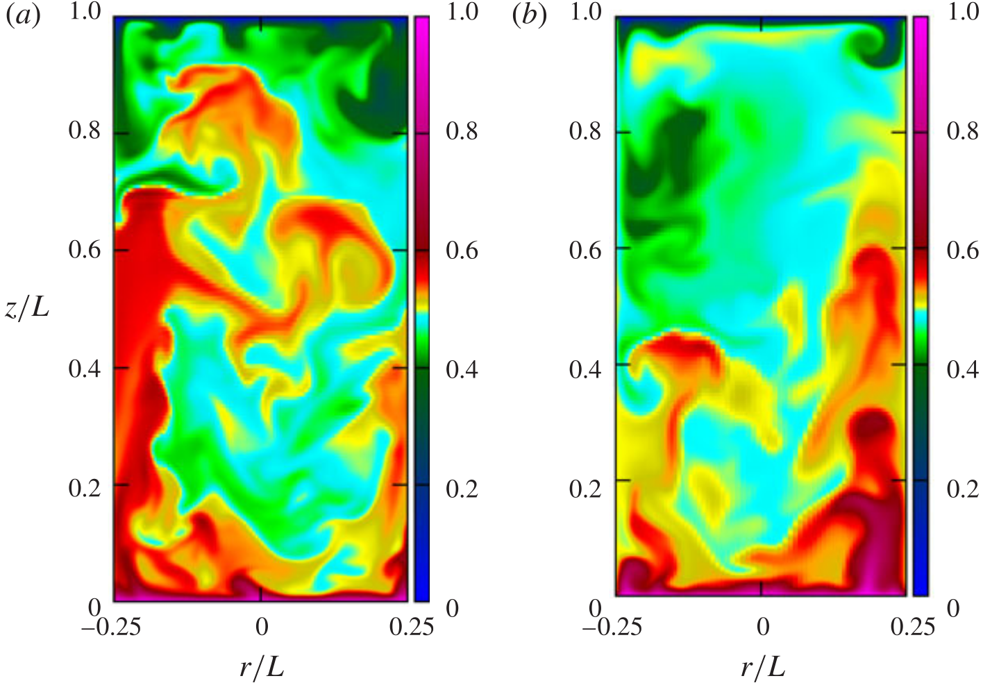 Instantaneous temperature fields under two sidewall conditions in a cylindrical cell